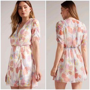 Ted Baker Juleah Ruched Short Sleeve Dress Floral Wedding Guest Garden Party NWT